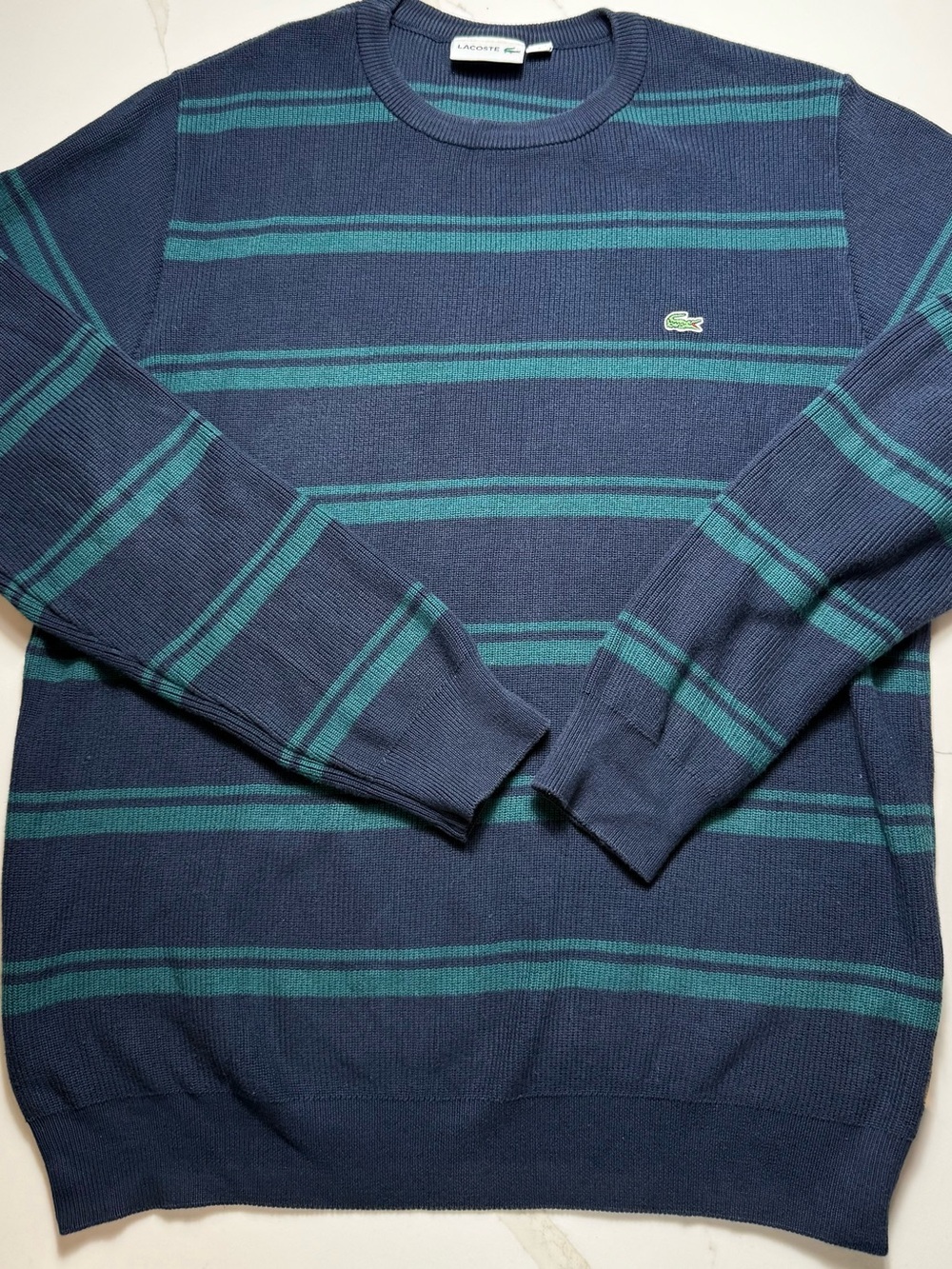 Vintage Lacoste Men’s Navy & Teal Striped Crewneck Sweater